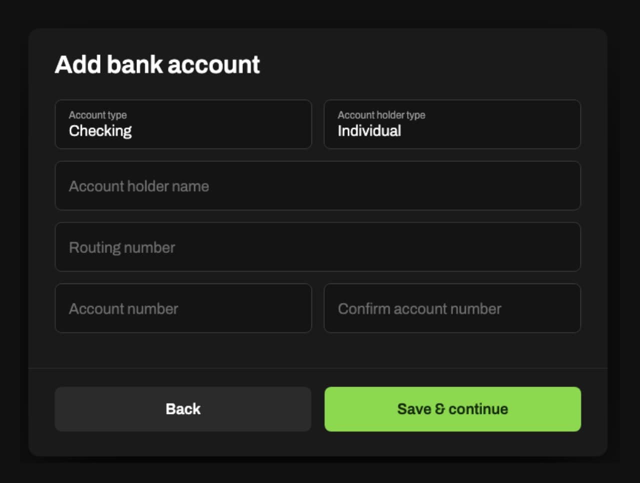The Add bank account form