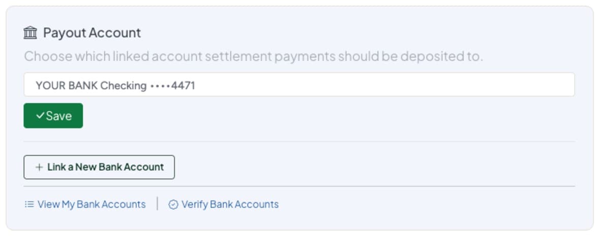 The Payout Account box with a bank account chosen and a Save button