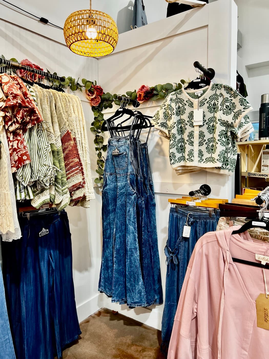 A styled denim corner inside a shop owner's boutique