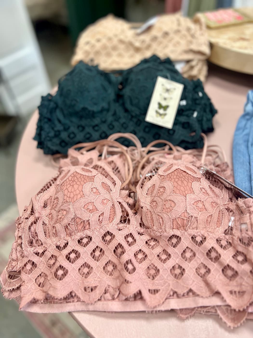 Handmade lace pieces styled on a display table